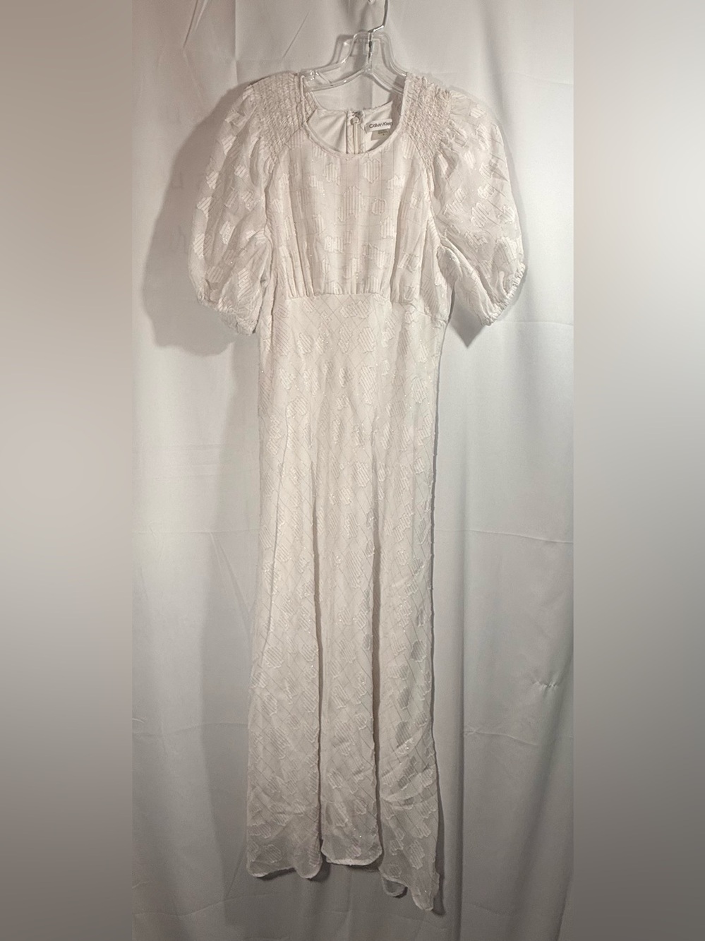 Calvin Klein White With Gold Thread Puff-Sleeve Maxi Dress Size 6
